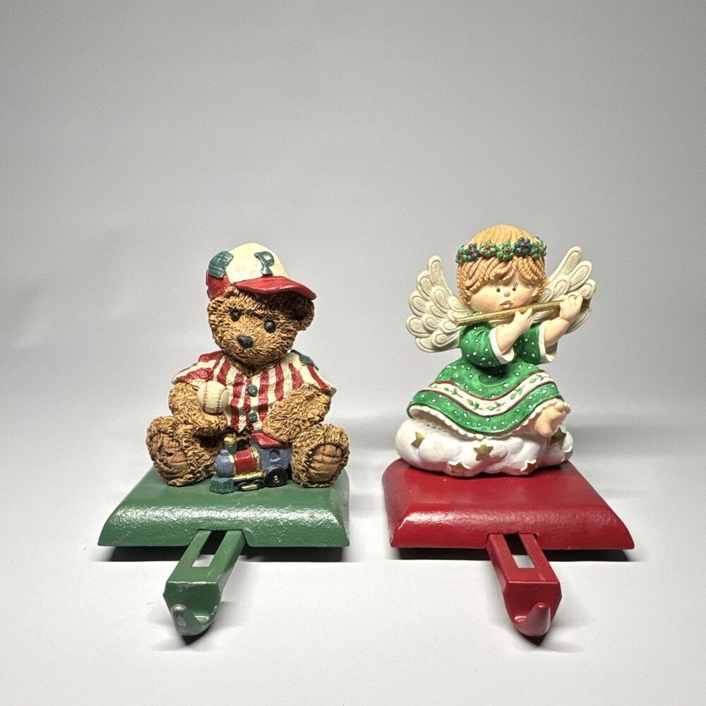 Vintage 2 Pack Hand Painted Steel Christmas Figurines Teddy Bear & Angel - Picture 2 of 4